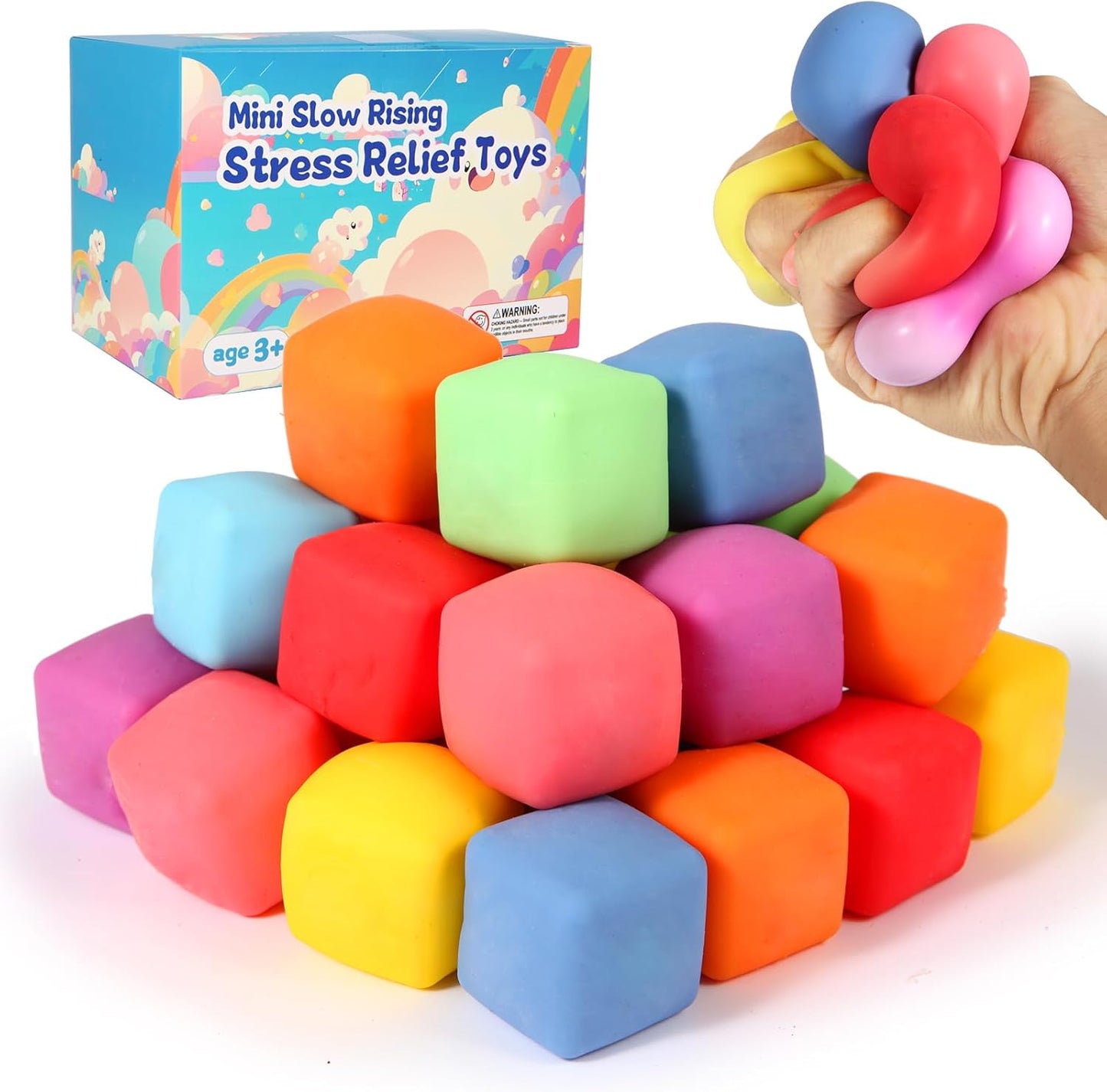 Hot24 Pack Slow Rising Stress Cube , Dough Stress Balls Soft Fidget Squishy Toys for Anxiety Relief, Pull Stretch Classroom Prize Party Favors Toys for Kids