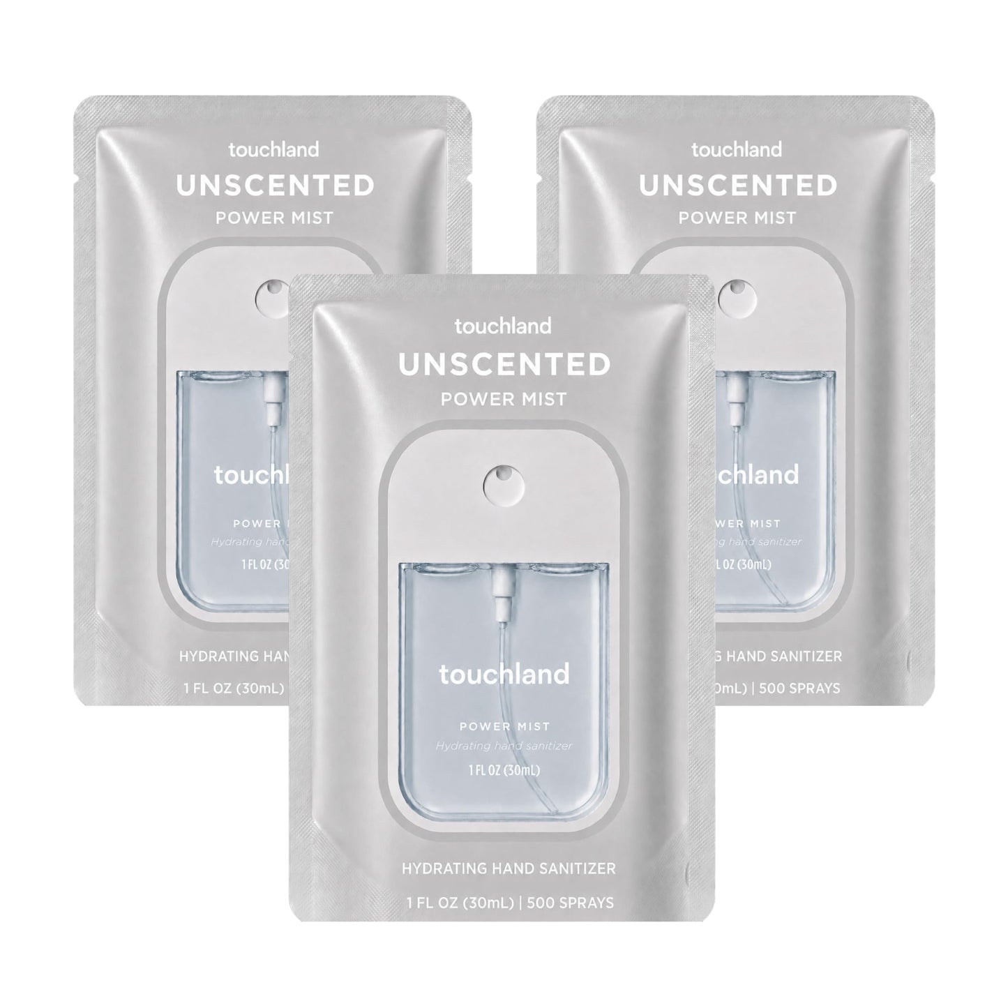 HotTouchland Dye Free Trio Hydrating Hand Sanitizer Spray Set Travel Size | TSA ready Power Mist with skincare benefits. Rainwater, Beach Coco and Unscented.