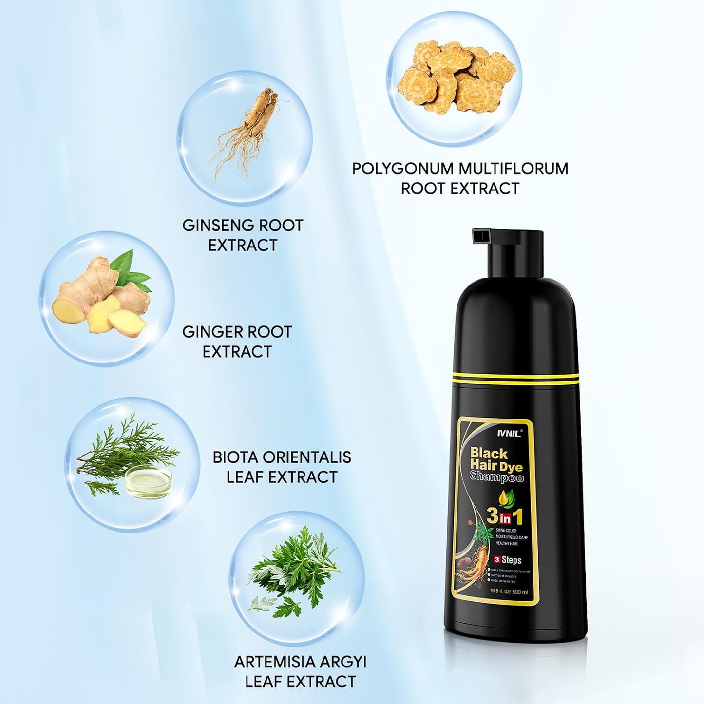 HotIvnil Black Hair Dye Shampoo 3 in 1 Hair Color Shampoo for Women & Men for Gray Hair Coverage, shampoo para pintar el cabello