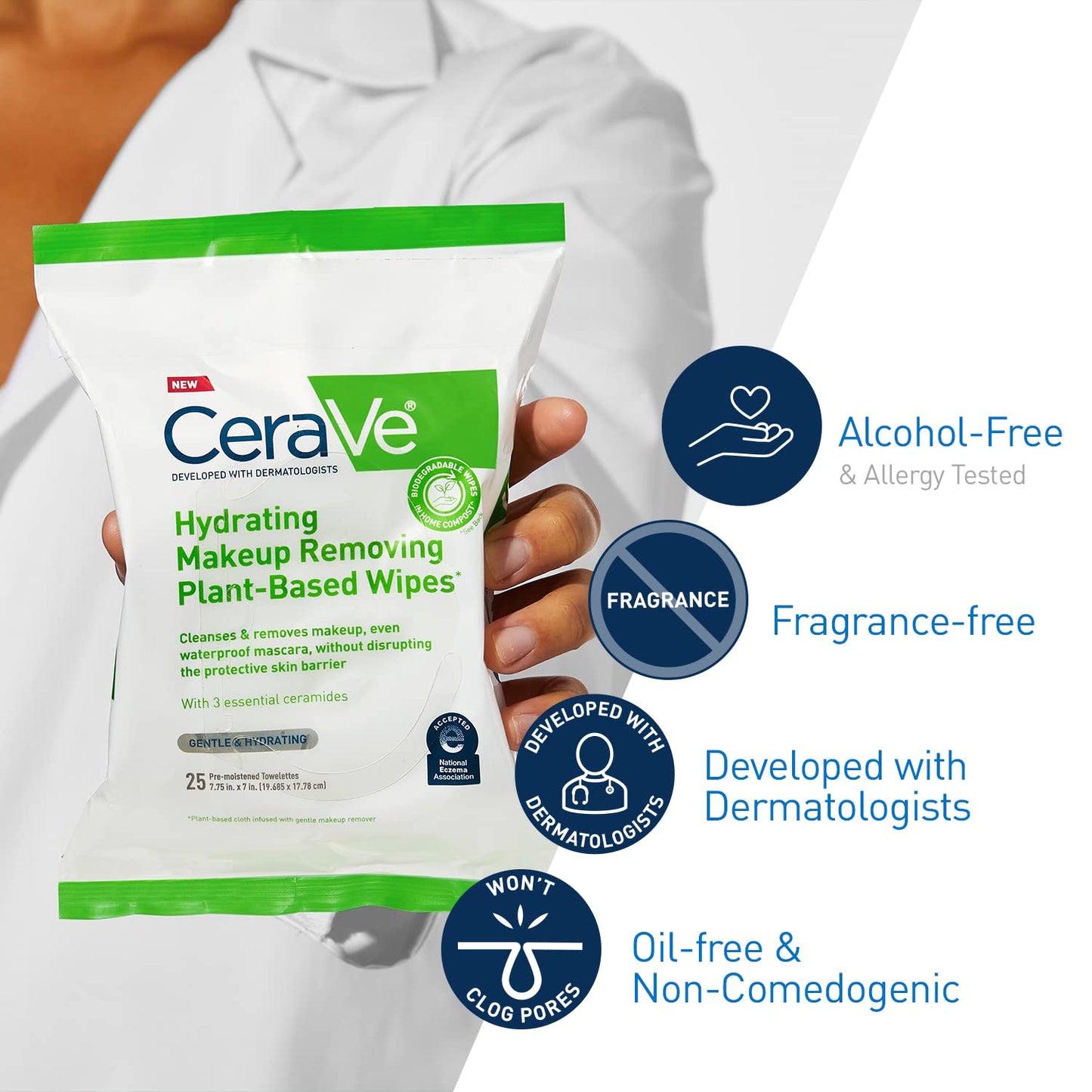 HotCeraVe Makeup Remover Wipes, Plant Based Face Wipes, Biodegradable in Compost, Waterless Face Wash, Travel Essentials for Women, Suitable for Sensitive Skin, Fragrance-free + Non-comedogenic, 25ct
