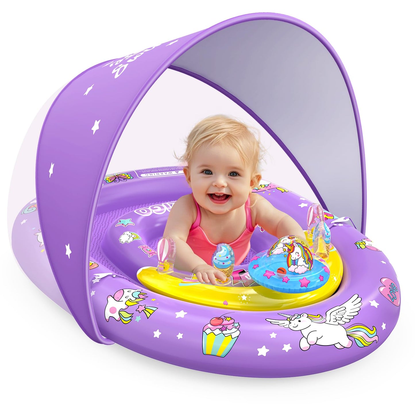 HotEZIGO Baby Pool Float with Canopy UPF50+ Sun Protection, Inflatable Kids Pool Floats with Ocean Animal Toys for Baby 6-36 Months, Infant Swimming Float with Adjustable Safety Seat for Boys Girls