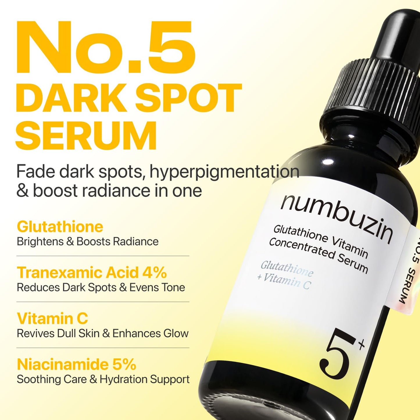 Hotnumbuzin No.5 Vitamin Concentrated Serum, Dark Spot Care, Glutathione & Vitamin Serum, Korean Skincare, Tranexamic Acid 4%, Niacinamide 5%, for a Radiant-Looking Glow 1.01 fl oz