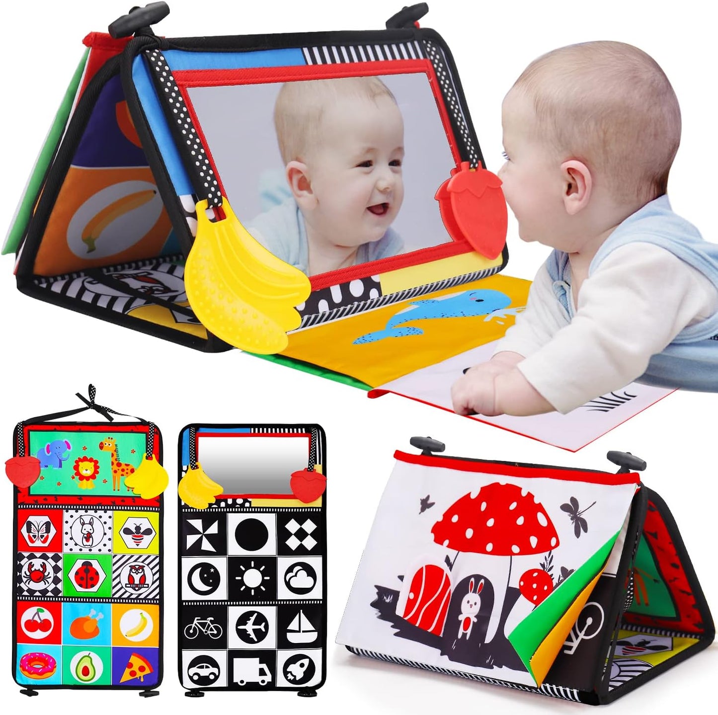 HotTummy Time Baby Mirror Infant Toys Newborn 0 3 Months Brain Development with Crinkle Cloth Book Teether Black and White High Contrast Baby Toys 2 4 5 0-6 Month Boys Girls Sensory Activity Shower Gifts