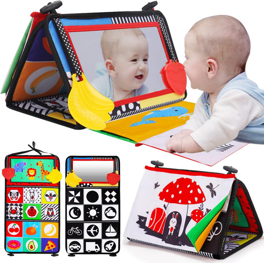 HotTummy Time Baby Mirror Infant Toys Newborn 0 3 Months Brain Development with Crinkle Cloth Book Teether Black and White High Contrast Baby Toys 2 4 5 0-6 Month Boys Girls Sensory Activity Shower Gifts
