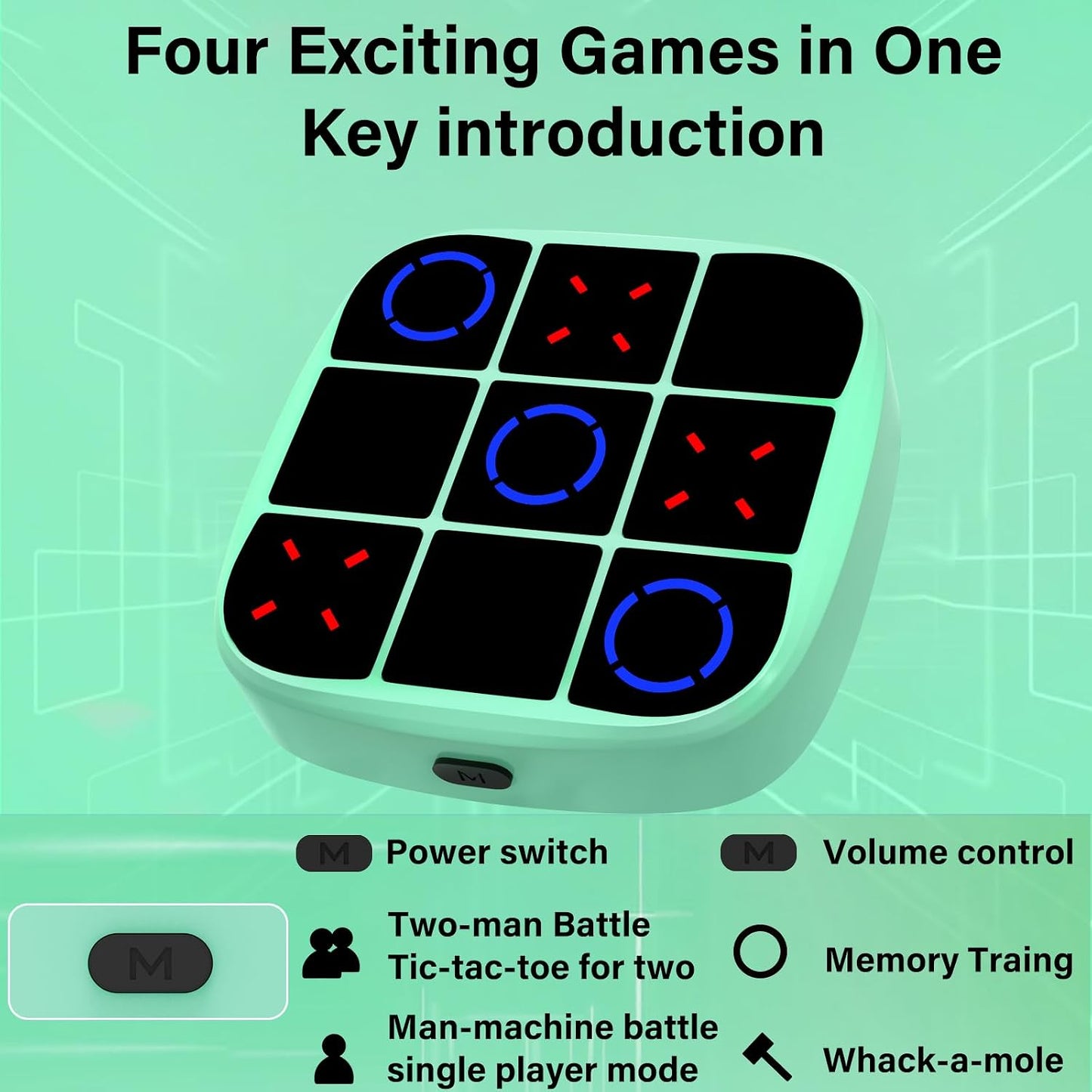 HotTic-Tac-Toe Bolt Game, 4-in-1 Handheld Puzzle Games Console, Electronic Tic-Tac-Toe Game for Educational and Memory Growth, Portable Travel Games for Car Ride, Board Games for Kids and Adults (Cyan)