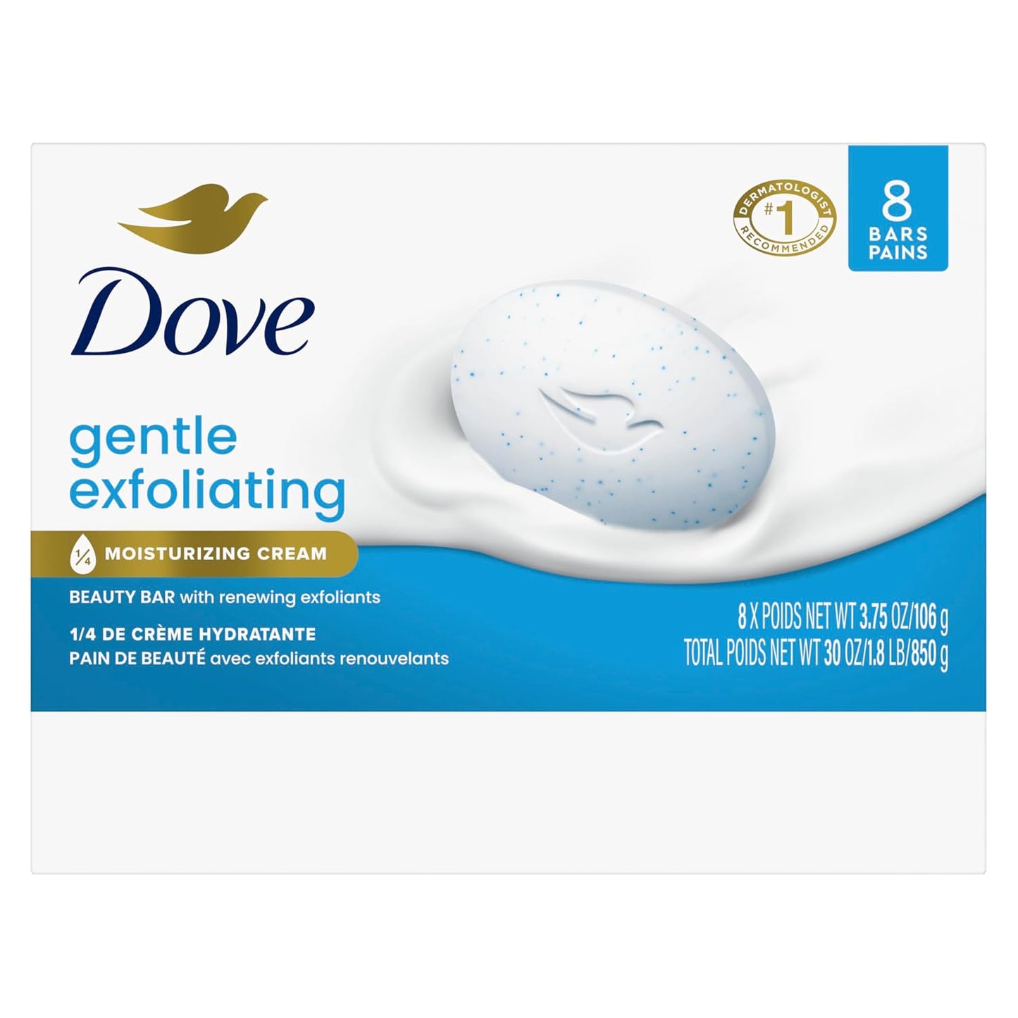 HotDove Gentle Exfoliating Beauty Bar Soap 8 Count, Renewing Cleanser, 3.75 oz I Beauty bar with gentle exfoliants and moisturizing cream to renew skin and reveal softer, smoother skin