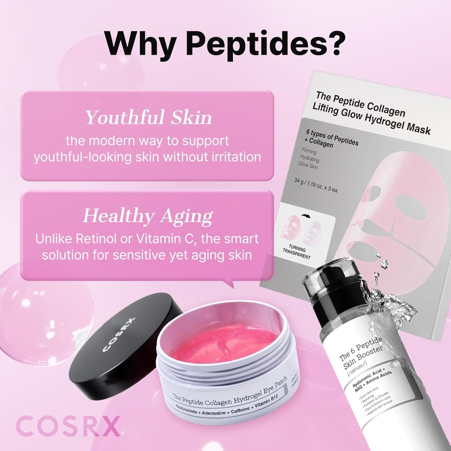 HotCOSRX Pink Peptides Collagen Hydrogel Eye Patch for Puffy Eyes, Cooling & Firming Under Eye Patches with 4-Peptide & Caffeine (60), Depuffing Gel Eye Mask, Korean Skin Care
