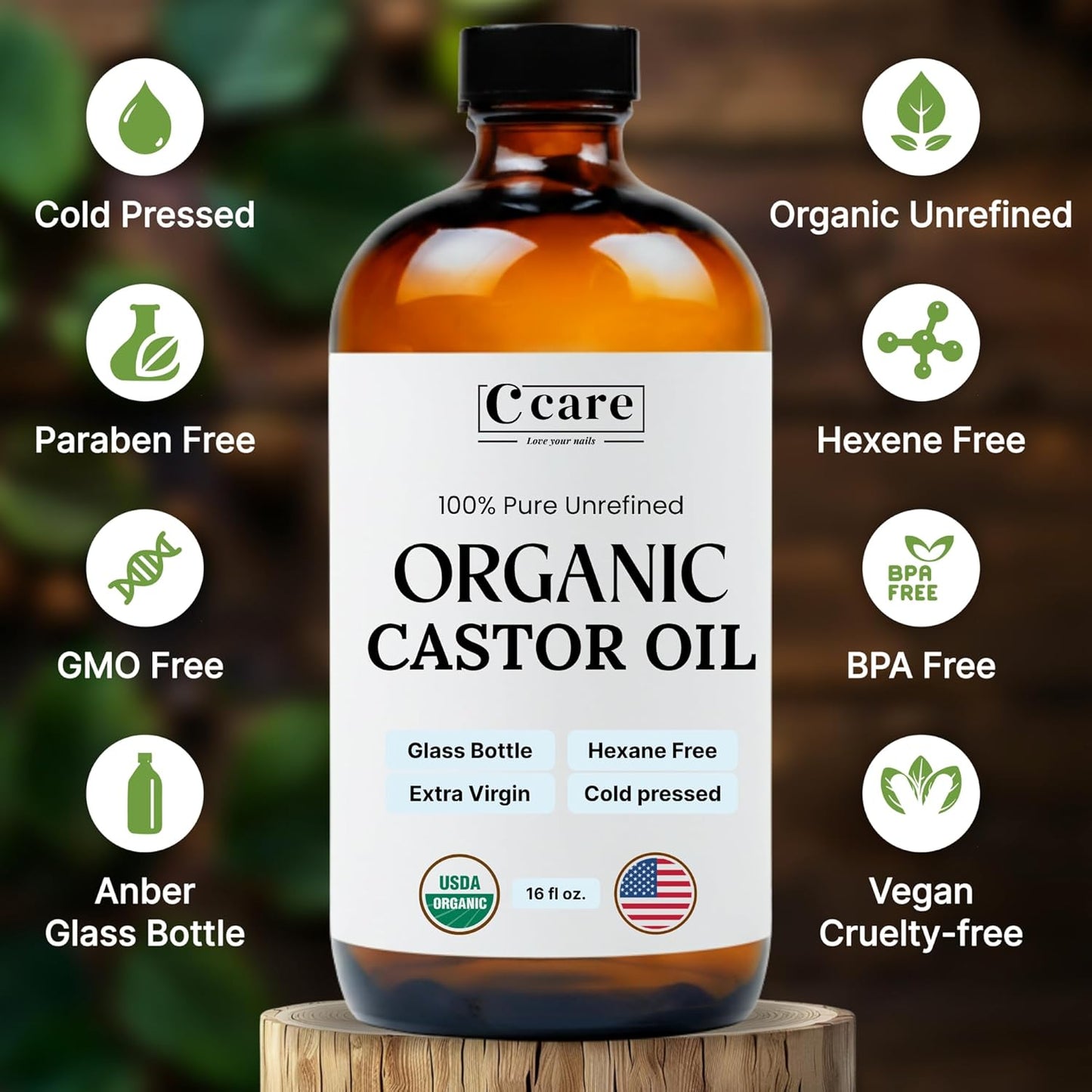 HotC CARE Castor Oil 100% Pure Organic Cold Pressed Unrefined Glass Bottle | USDA Certified Organic | Hexane Free Extra Virgin | For Hair Growth Eyebrows Eyelashes Skin and Castor Oil Pack Wrap | 16oz
