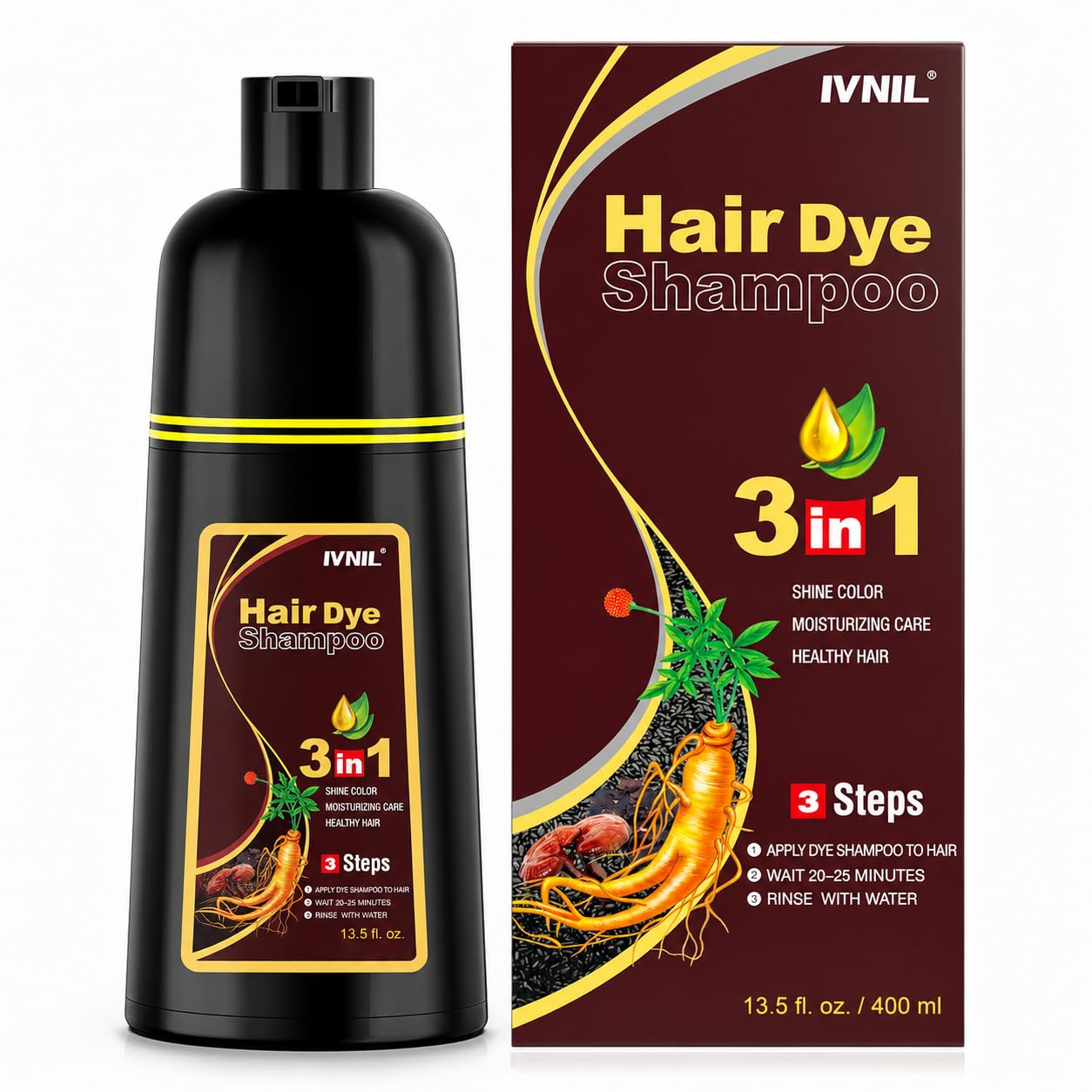 HotIvnil Black Hair Dye Shampoo 3 in 1 Hair Color Shampoo for Women & Men for Gray Hair Coverage, shampoo para pintar el cabello
