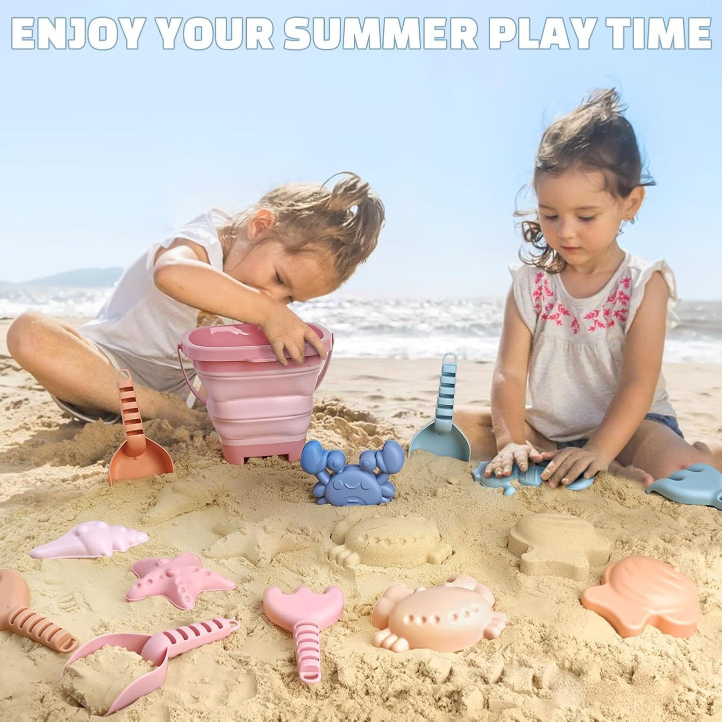HotDreamon Beach Toys Set for Kids 3-10, Collapsible Sand Buckets with Beach Molds and Mesh Bag, 3 Pack Shovels Set Sand Toys for Beach, Sandbox Travel Toys for Toddlers Kids
