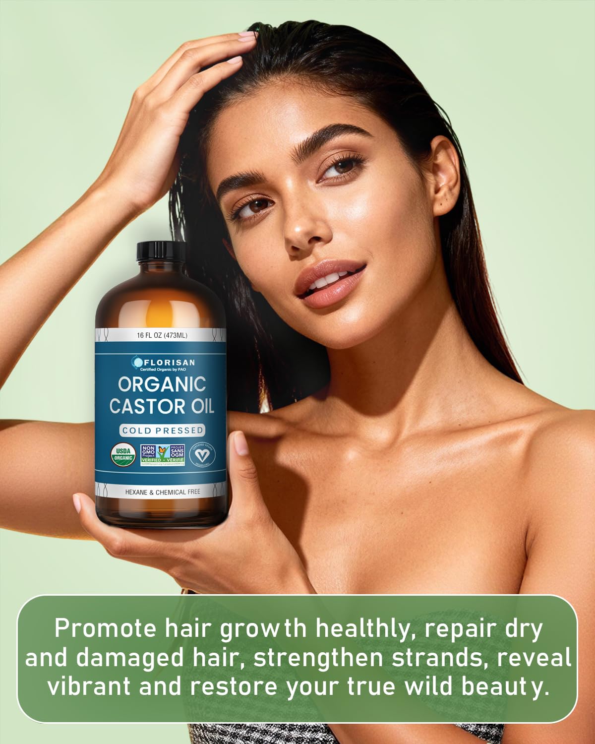 HotFlorisan USDA Certified Organic Castor Oil 16oz Glass Bottle, Cold Pressed, Hexane-Free, Non-GMO, Vegan, 100% Pure Castor Oil for Hair Growth, Skin, Lashes, Eyebrows, EWG Verified