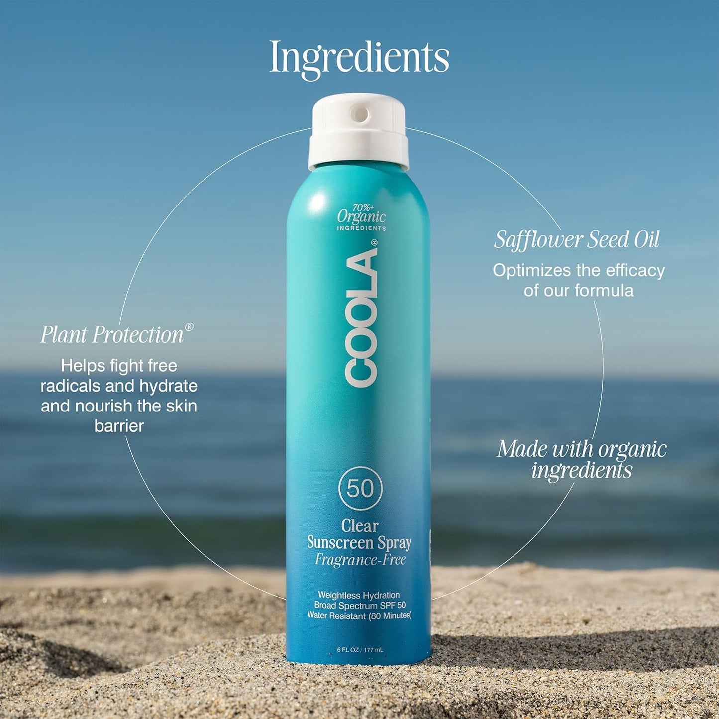 HotCOOLA Organic Sunscreen SPF 50 Sunblock Spray, Dermatologist Tested Skin Care for Daily Protection, Vegan and Gluten Free, Fragrance Free, 6 Fl Oz