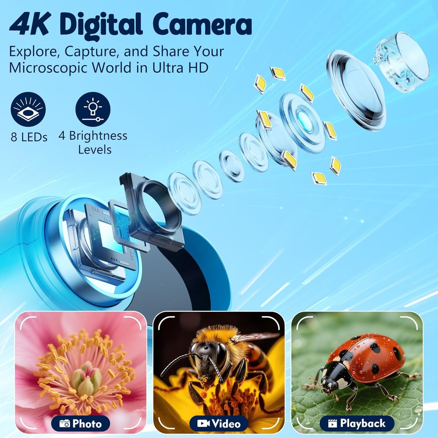 HotOdatay 4K 1000X Digital Microscope for Kids with 32G Card, Long Distance Viewing & 2.4" Screen Portable Handheld Edu Toys for Age 3-12 Exploring Bugs Plants at Home Classroom & Outdoor Travel, Blue