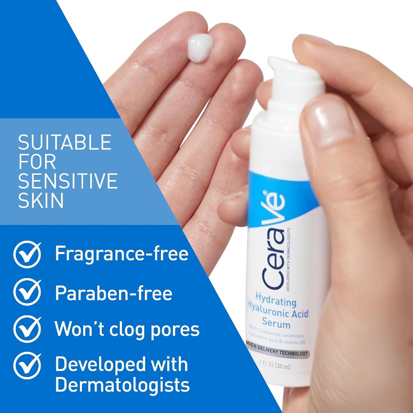 HotCerave Hyaluronic Acid Serum for Face with Vitamin B5 and Ceramides, Hydrating Face Serum for Dry Skin, Fragrance Free, 1 Ounce