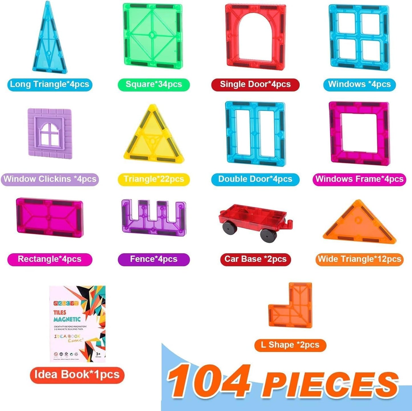 HotOugerToy 104PCS Magnetic Tiles STEM Building Blocks for Kids Ages 3-9, Educational Stacking Toys with Car Bases, Creative Construction Gift for Boys Girls