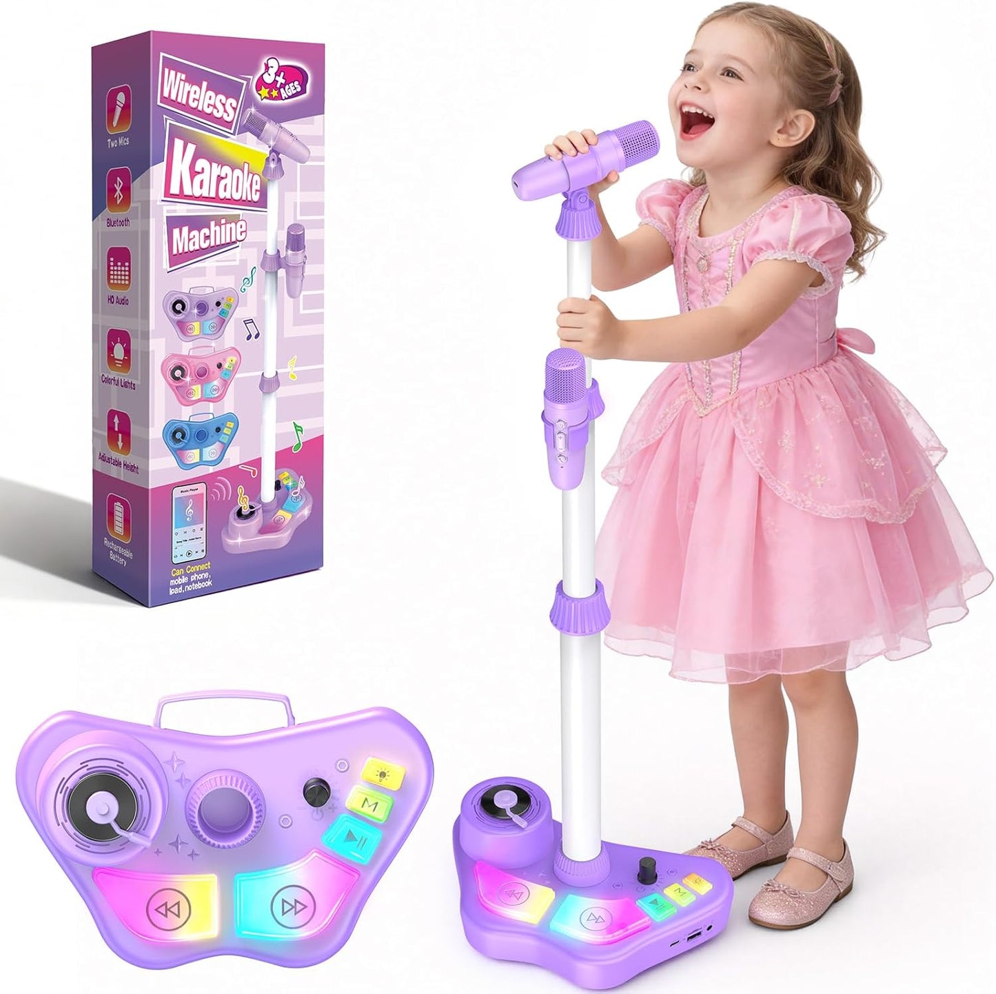 Hot Stand Karaoke Machine for Kids, Singing Toys Gifts for 3 4 5 6 7 8 Year Old Girls Boys, Rechargeable Kid Microphone Bluetooth Speaker with 2 Wireless Mic for Girl Age 4-6 Toddler Birthday Party Toy