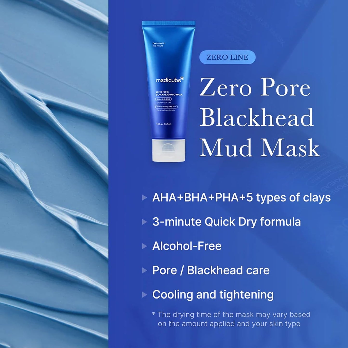 Hotmedicube Zero Pore Blackhead Mud Facial Mask - Skin Cooling & Pore Tightening - 3 Minute Quick Dry Formula with AHA, BHA, PHA, and Pore-Purifying Clay - Korean Mud Mask 3.52 oz