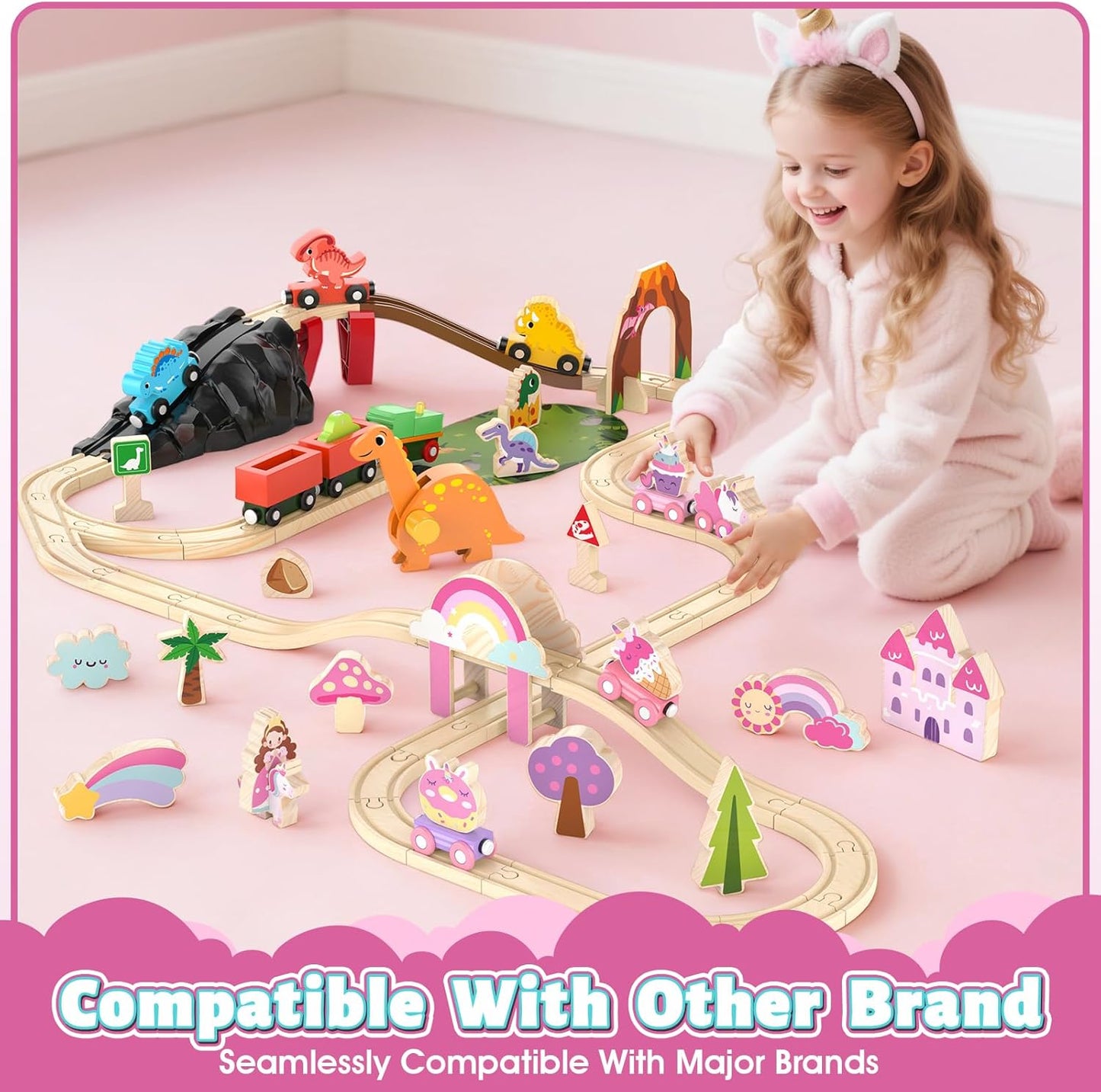 HotLehoo Castle Wooden Train Set for Girls, Pink Unicorn Train Set | Princess and Castle Pieces for Imaginative Play, Compatible with Most Wooden Train Tracks, Birthday Gift for Girls Ages 3-7