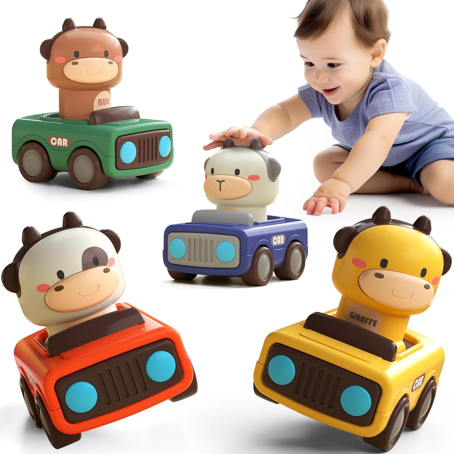 HotiPlay, iLearn Press to Go Car Toys for Toddlers 1-3, Baby Animal Racing Cars, Infant Play Vehicle Set, Baby Push Go Friction Car Toys for 6-9-12-18 Months, 1st Birthday Gifts for 1-2 Years Old Boys