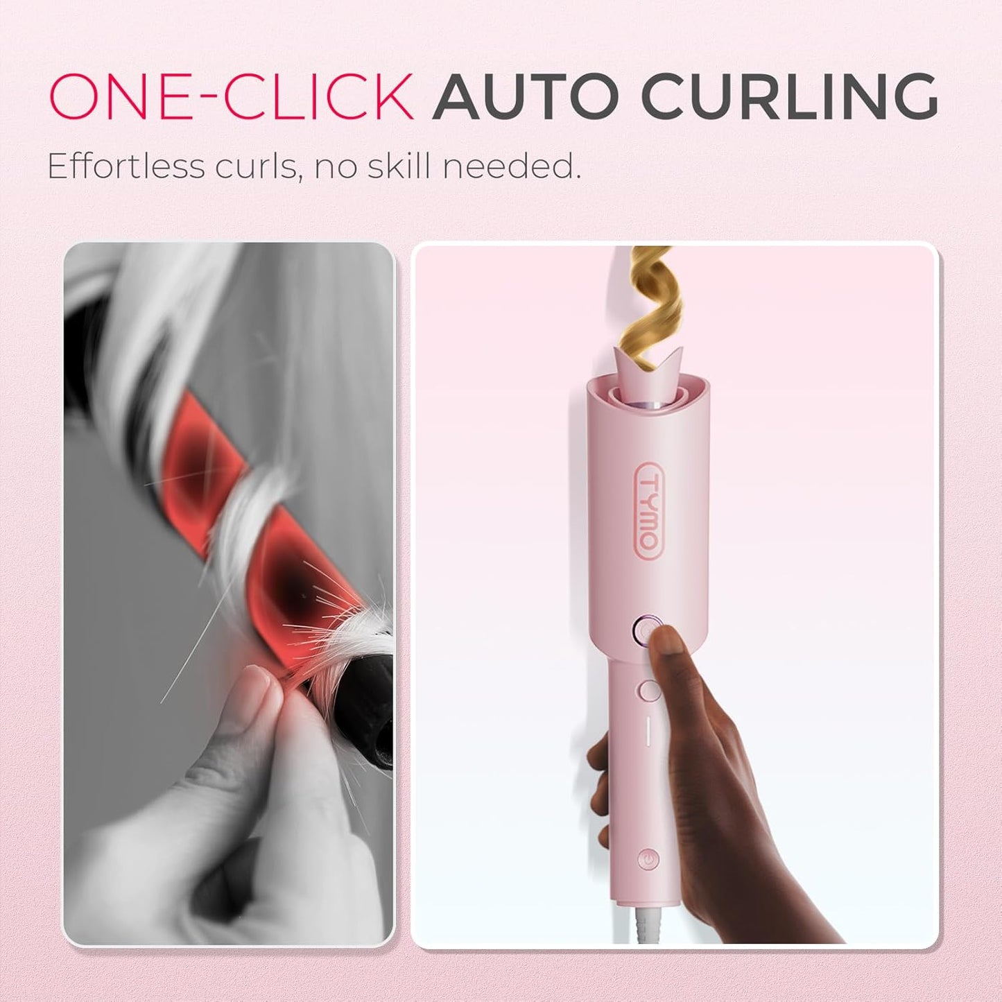 HotTYMO Automatic Rotating Curling Iron - TYMO CURLPRO Beach Waves Curling Wand, Portable Hair Curler, 500 Million Ionic, Dual Voltage & Lightweight for Travel, Ceramic Coating, 1 Inch, Pink