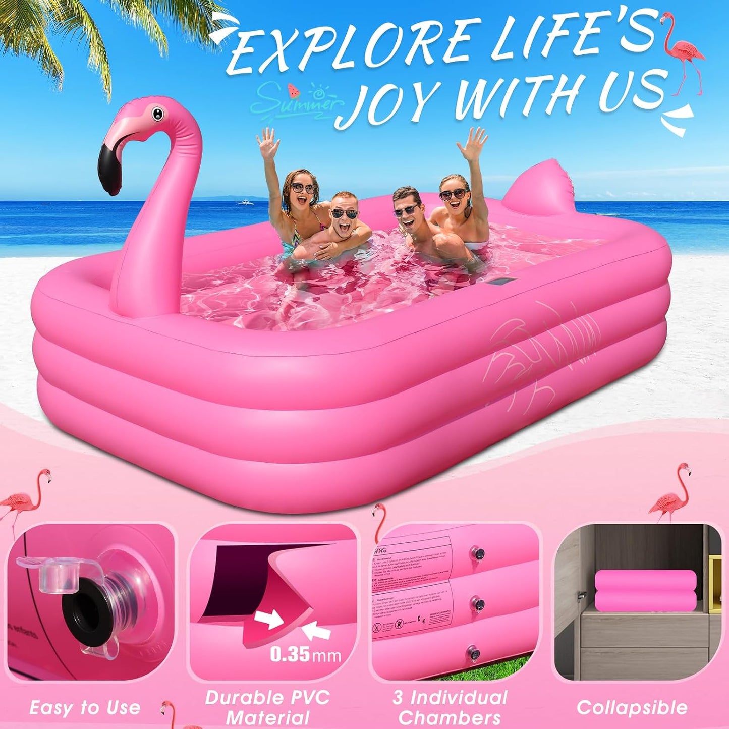 Hot Inflatable Pool with Lights, Solar Flamingo Swimming Pool for Kids,Adults Inflatable Blow up Pool, Large Kiddie Pool,Durable Thickened Kids Pool for Backyard,Outdoor,100"X63"X20"-Bright Pink