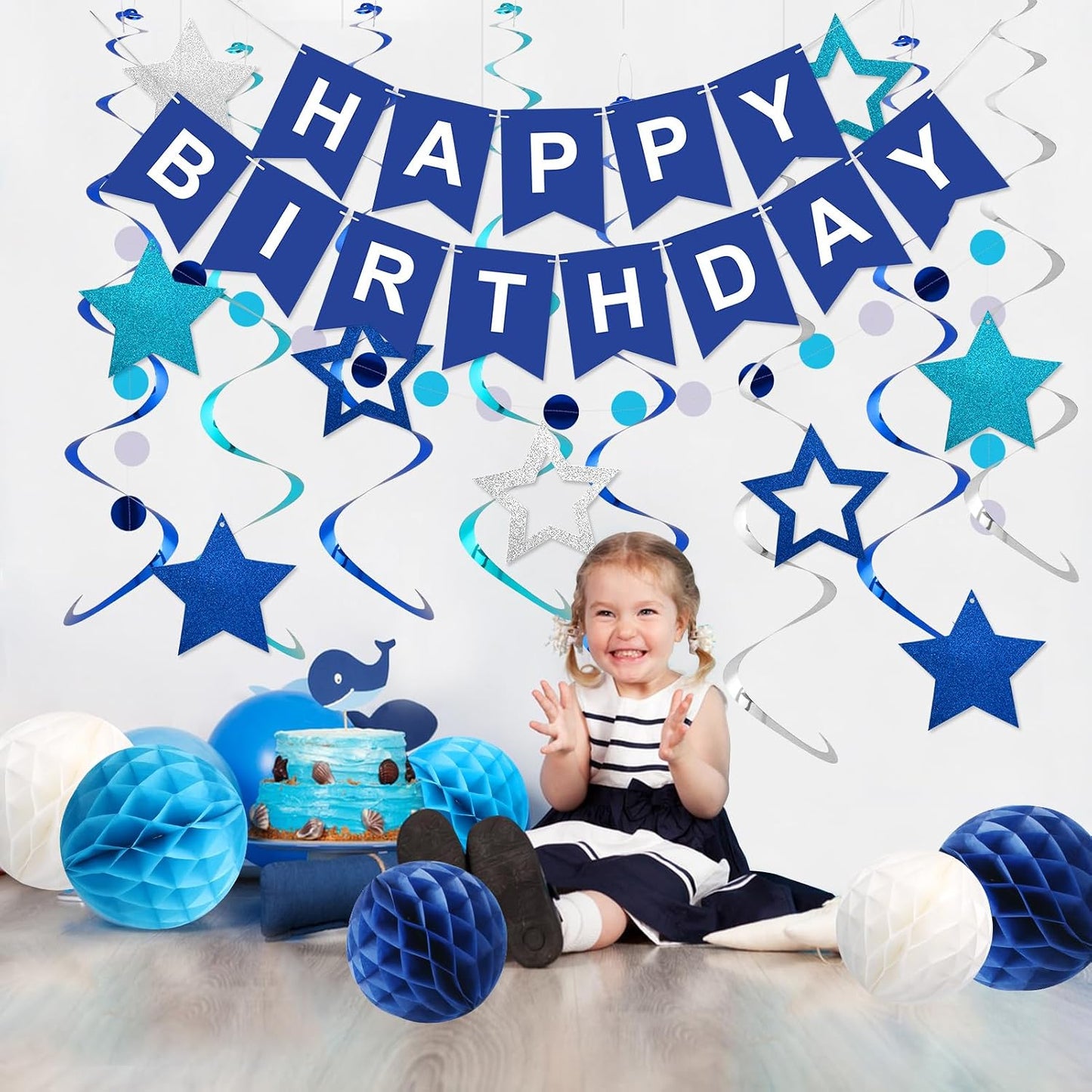 Hotmeowtastic Birthday Decorations Happy Birthday Banner with Honeycomb Balls | 16pcs Birthday Set: 1 Banner+6 Honeycomb Balls+8 Star Spirals+1 Circle Dots, Happy Birthday Decor - Blue