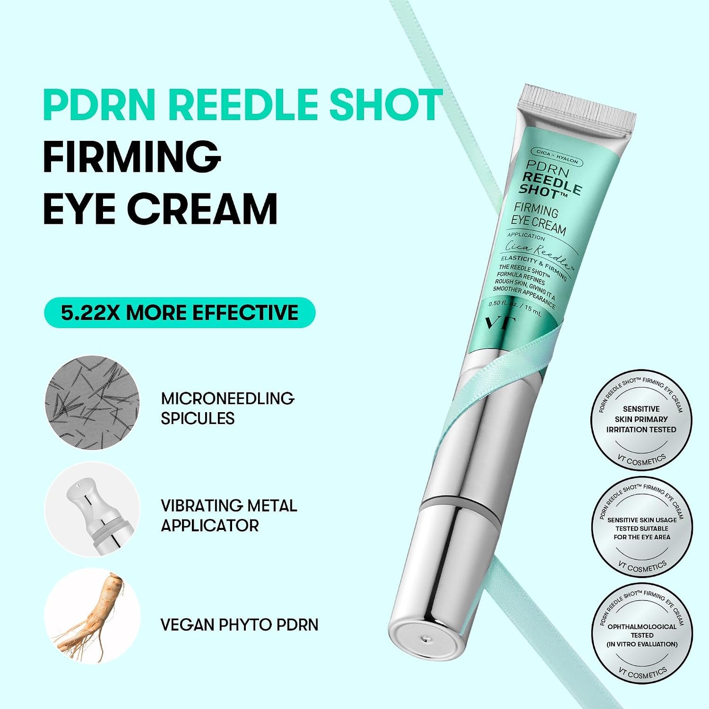 HotVT COSMETICS PDRN Reedle Shot Eye Cream, Vibrating Eye Applicator for Puffy Eyes, Dark Circles & Under Eye Bags, Firming & Wrinkle Care with PDRN Collagen, Korean Skincare, 0.51 fl oz