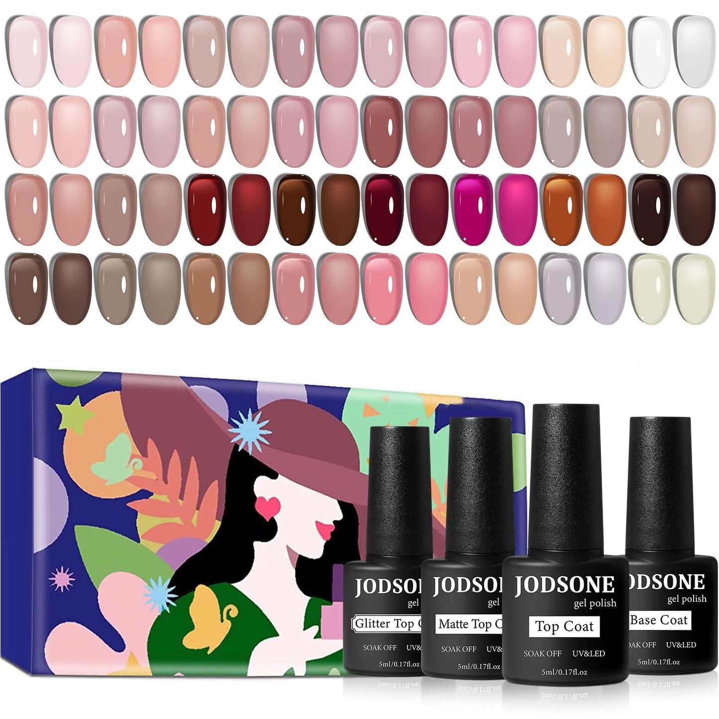 HotJODSONE 36 PCS Gel Nail Polish Set-32 Colors Gel Polish Kit Base Coat Glossy Matte and Glitter Top Coat Nail Polish Set Green Blue Red Pink Collection Gifts for Women