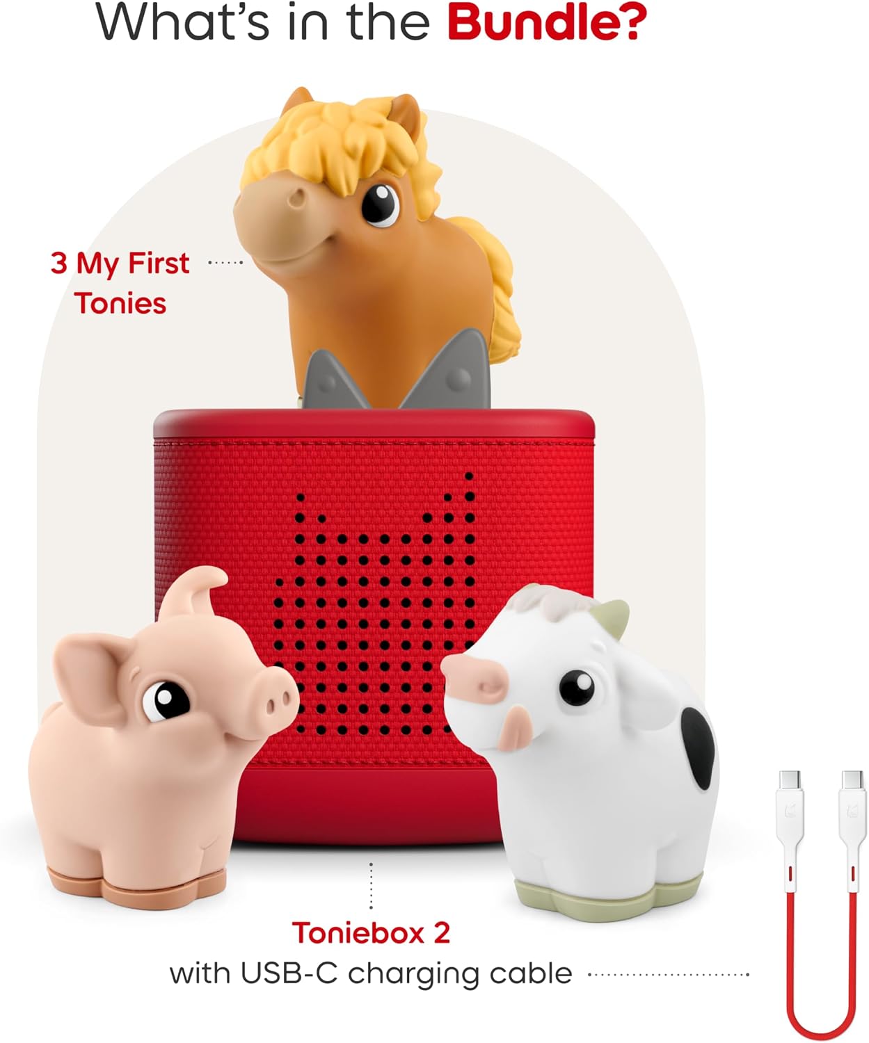 HotToniebox 2 My First Farm Bundle for Kids 1+ with Soft and Squeezable Cow, Horse, and Pig - Sunset Red