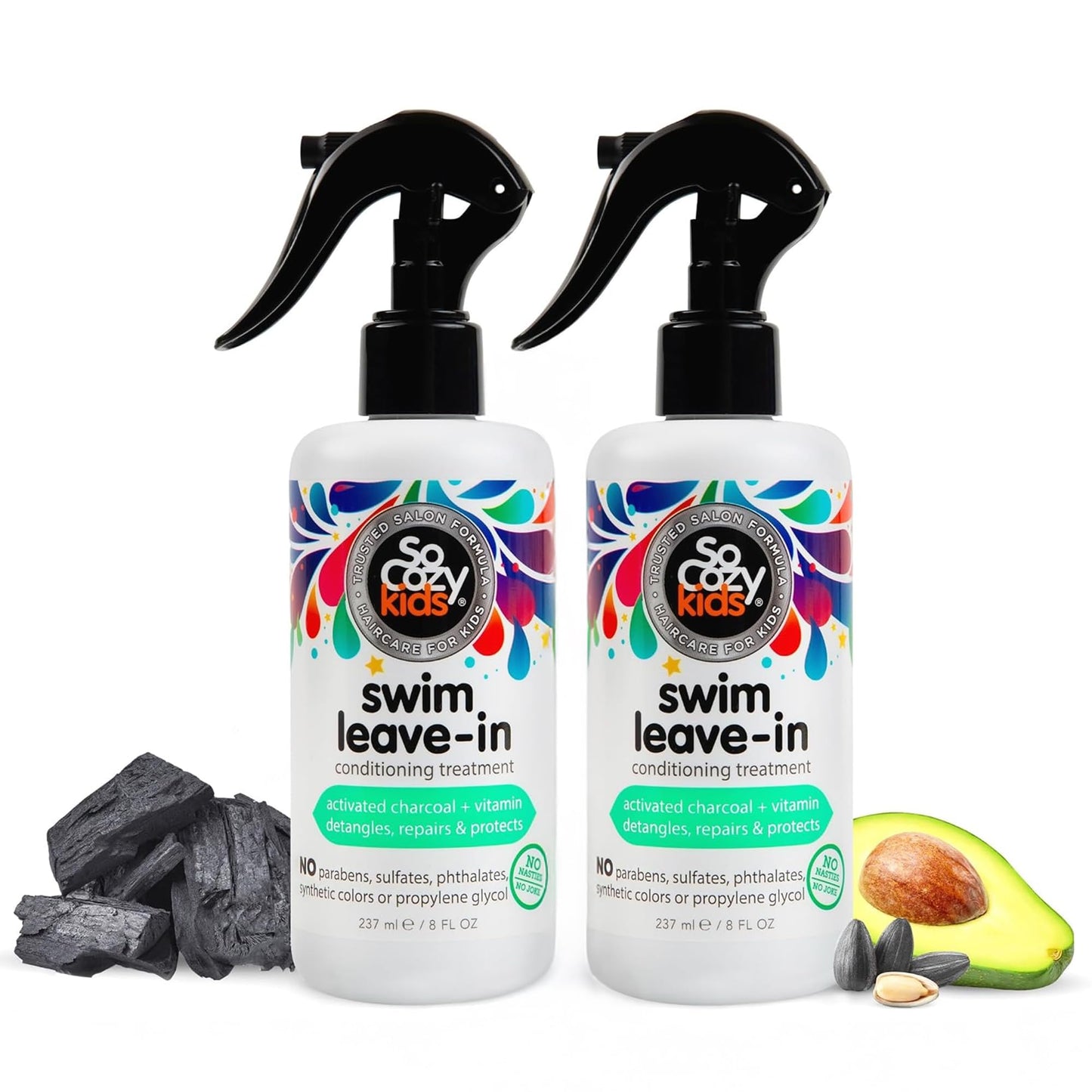 HotSoCozy Swim Leave In Conditioner Spray & Treatment for Kids Hair (8 Fl Oz) Protects & Repairs Pool, Sun & Salt Damaged Hair, Gentle Formula with Activated Charcoal, Vitamin B5 & Sunflower Seed Extract