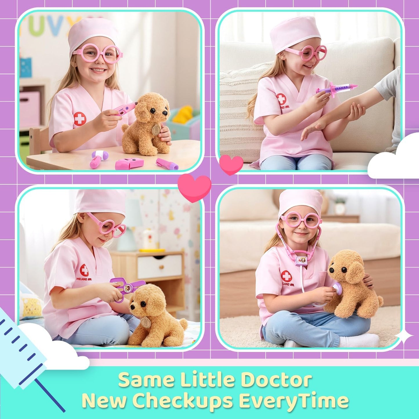 HotMeland Toy Doctor Kit for Girls, Pretend Play Toy Doctor Set with Dog , Carrying Bag, Stethoscope & Dress Up Costume Gift for Kids Toddlers Ages 3 4 5 6 Year Old for Role Play
