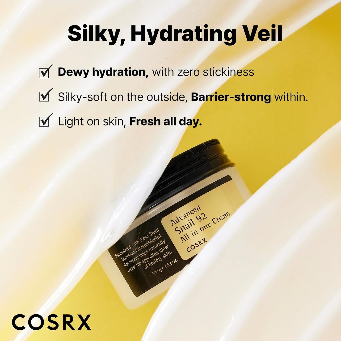 HotCOSRX Snail Mucin 92% Face Moisturizer, 3.52 Oz, Lightweight Moisturing Cream for Soft, Glowy Skin, Korean Skin Care, Korean Moisturizer Face Cream