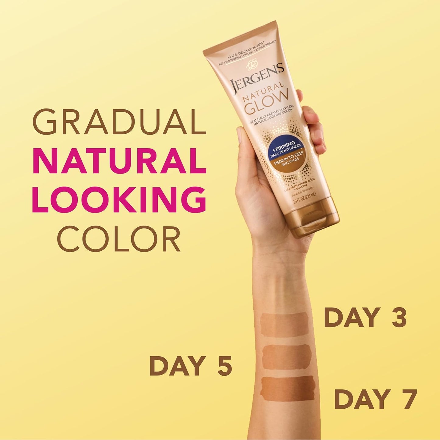 HotJergens Natural Glow + Firming Daily Moisturizer Medium to Tan Skin Tones 7.5oz | Gradual Sunless Tanner, Collagen and Elastin, Firms Skin, Reduces Cellulite, Daily Moisturizer, Medium to Deep Skin Tone
