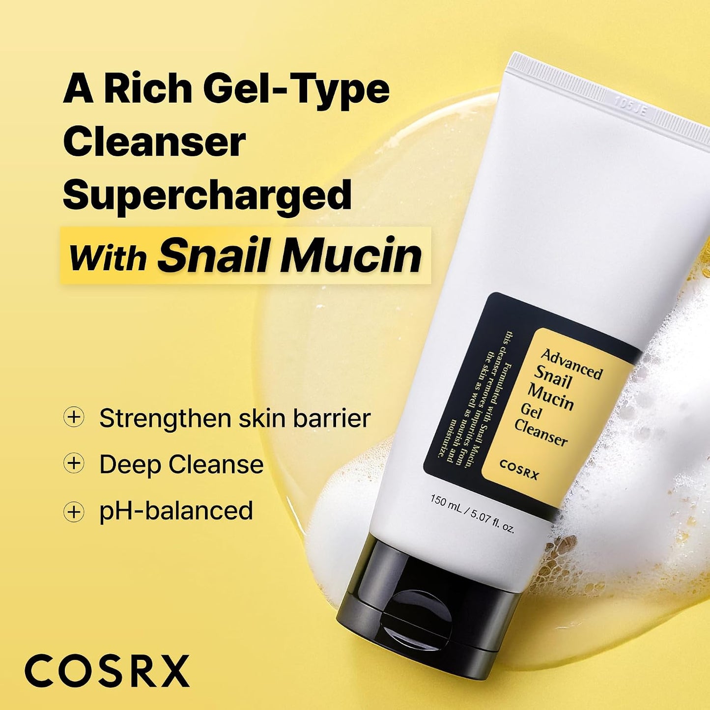 HotCOSRX Advanced Snail Mucin Gel Cleanser, 5.07 Fl Oz / 150 mL, Rich Daily Deep Cleansing Gel Cleanser for Dull, Dry & Sensitive Skin, Korean Skin Care, Korean Face Wash