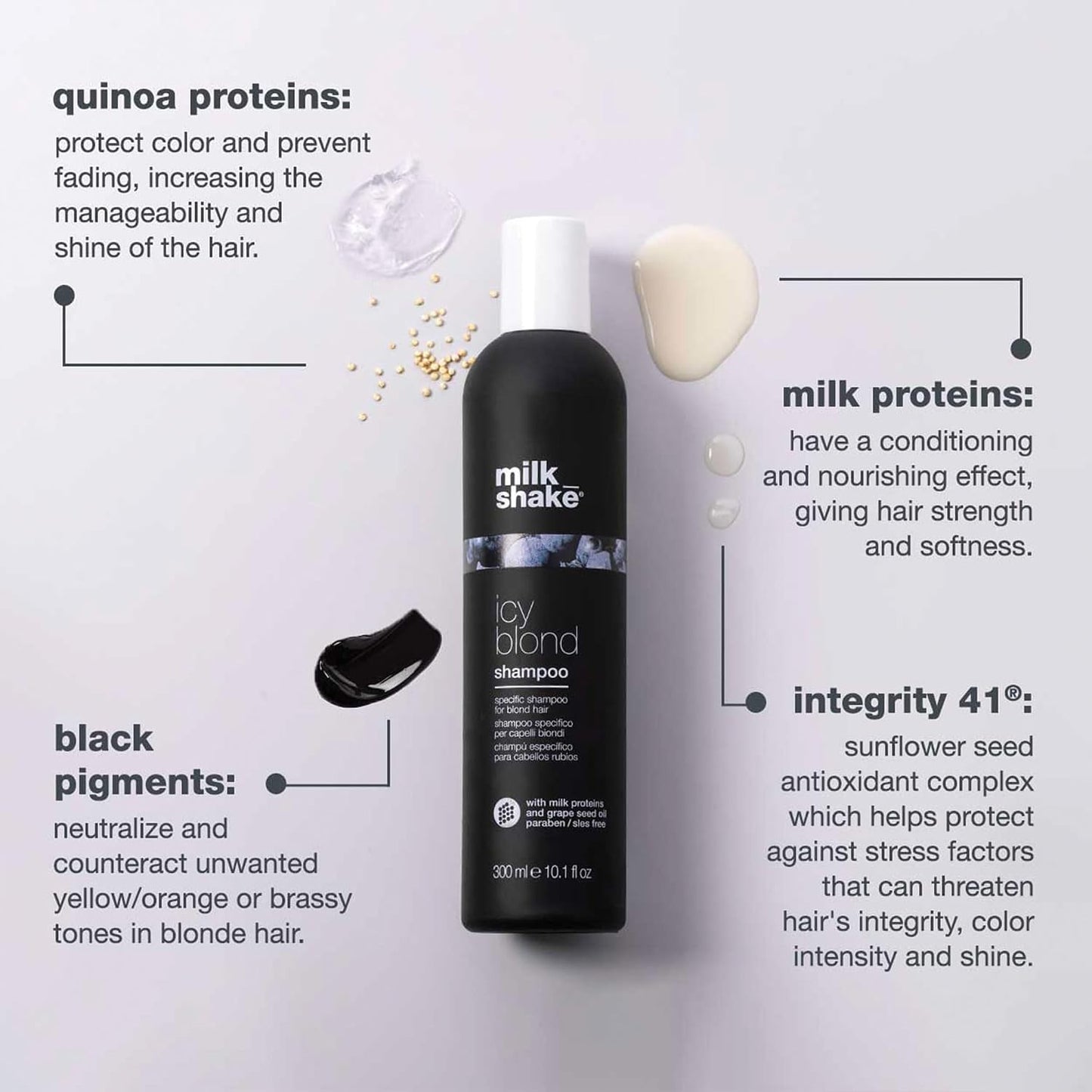 Hotmilk_shake icy blond shampoo award winning shampoo with black pigment to cool brassy tones and enhance platinum blonde hair ideal for maintaining icy, ash-toned color
