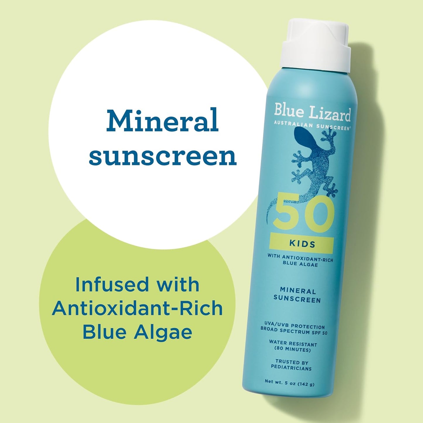 HotBlue Lizard Kids Mineral Sunscreen Spray SPF 50+, Brand, Broad-Spectrum UVA/UVB Protection, Water-Resistant, Zinc Oxide Formula, 5 fl oz