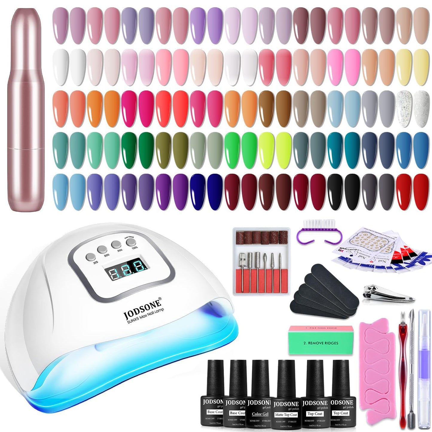 HotJODSONE Gel Nail Polish Kit 60 PCS with U V Light Soak off Base Top Coat 55 Shine Colors Gel Nail Kit Bright and Dark Brown Wine Red Series Manicure Set for Women and Girls