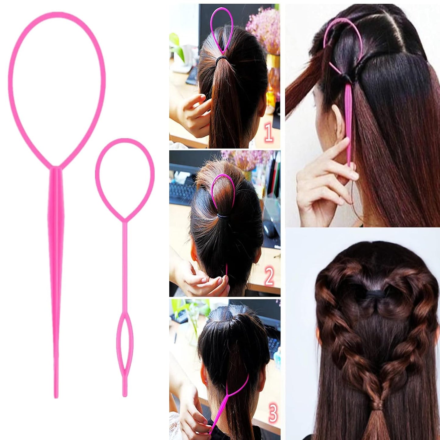 HotZVOREI 8Pcs Hair Brushes Set with 4Pcs Topsy Hair Tail Tools 1Pcs Bristle Teasing Hair Brush 1Pcs Edge Control Brush 2Pcs Metal Pin Rat Tail Combs for Woman Girl Hair Styling,Edge&Back Brushing,Pink