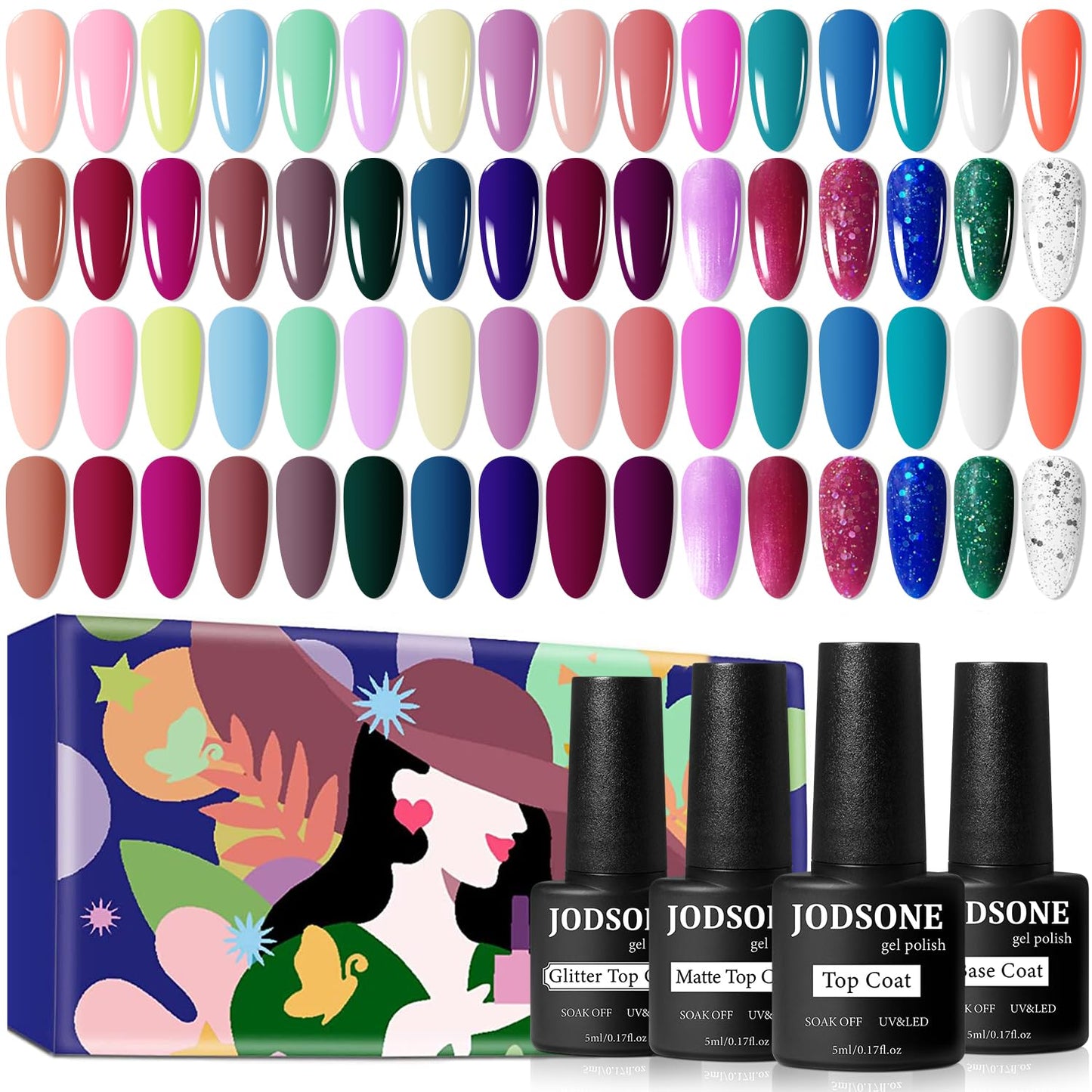HotJODSONE 36 PCS Gel Nail Polish Set-32 Colors Gel Polish Kit Base Coat Glossy Matte and Glitter Top Coat Nail Polish Set Green Blue Red Pink Collection Gifts for Women