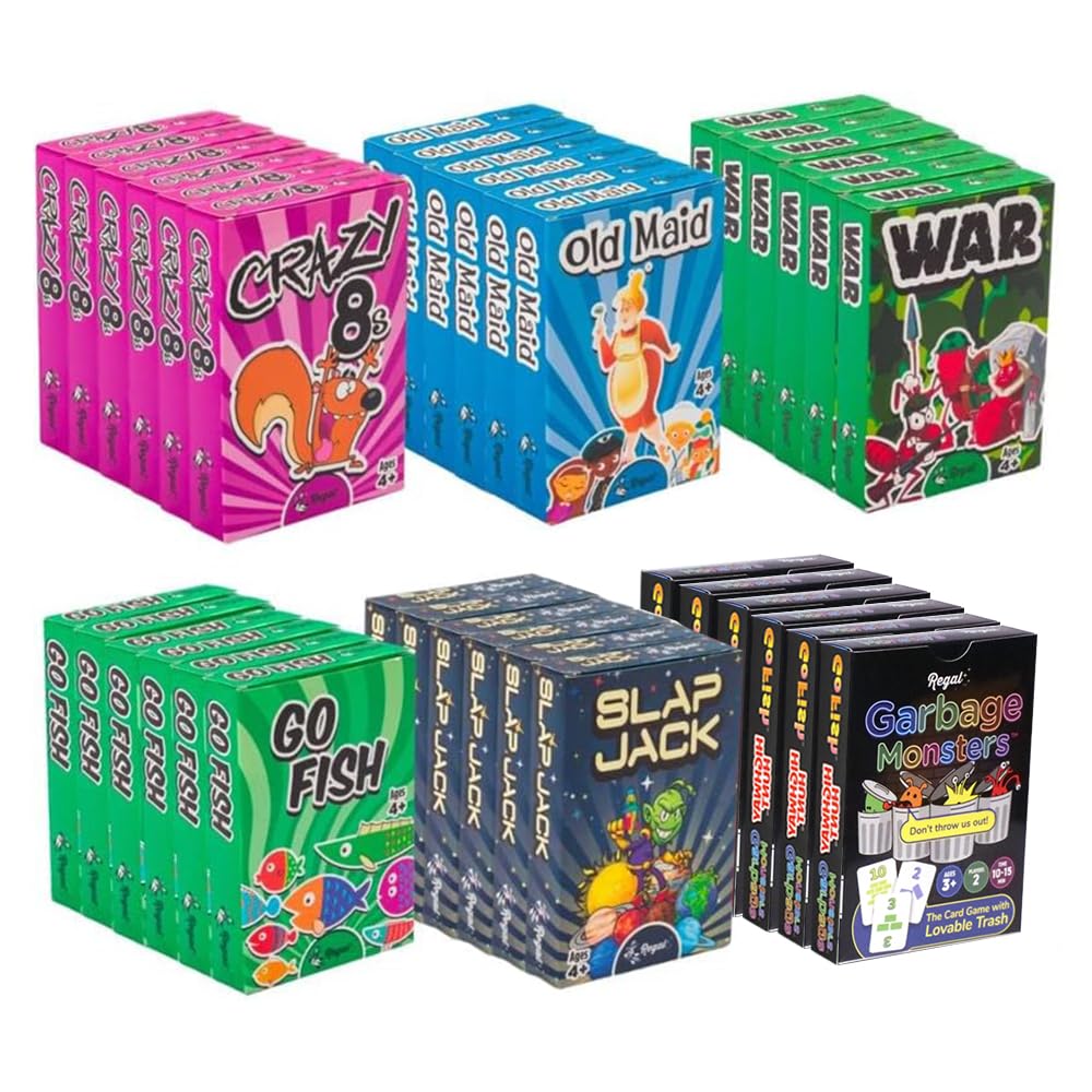 HotRegal Games Card Games for Kids - Go Fish, Crazy 8's, Old Maid, Slap Jack, Garbage Monster, War - Simple & Fun Classic Family Table Games - Games May Vary (6 Set)