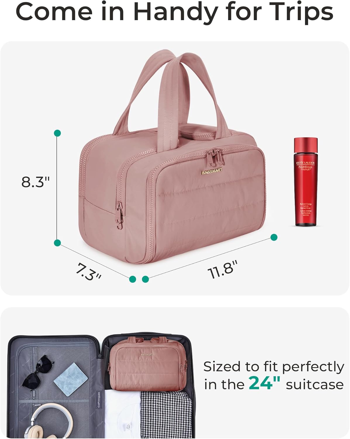 HotBAGSMART Travel Toiletry Bag, Lightweight Large Wide-open Travel Bag for Women, Puffy Cosmetic Makeup Bag Organizer with Handle for Accessories,Essentials, Toiletries, Dark Pink