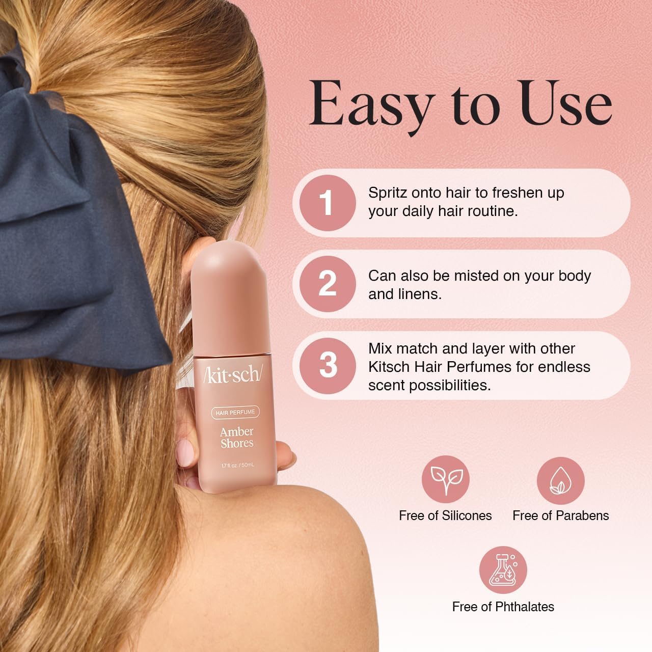 HotKitsch Hair Perfume for Women - Amber Shores, 50mL | Clean, Deodorizing & Patented Odor-Eliminating Technology Hair Spray & Body Mist | Freshen Hair, Body & Pillows