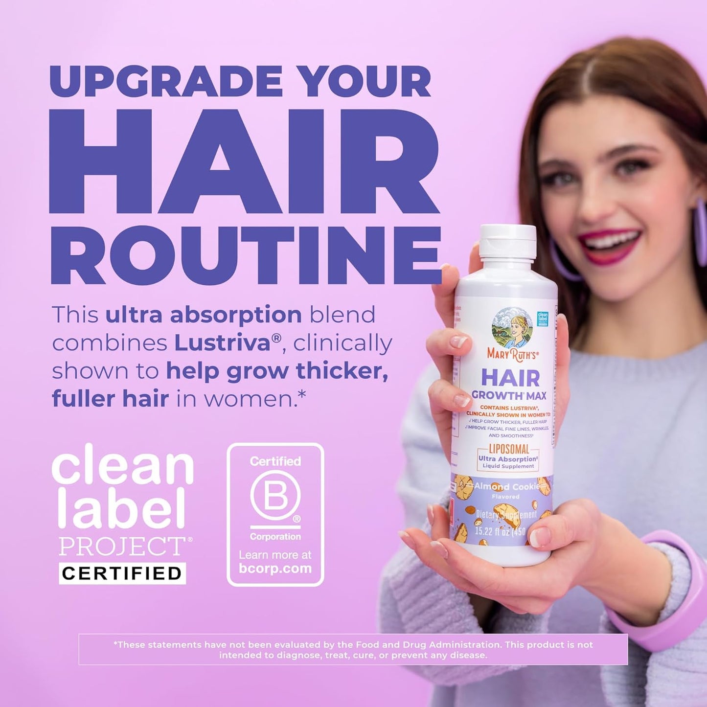 HotMaryRuth's Hair Growth Max Liposomal for Women | Lustriva® + Biotin 10000mcg + Pumpkin Seed Oil | Thicker Hair | Hair Care | Wrinkles, Fine Lines, Skin Care | Ages 18+ | CLP Certified | 15.22 Fl Oz