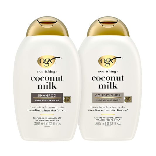 HotOGX Nourishing + Coconut Milk Sulfate Free Shampoo and Conditioner Set, Hydrates & Softens Hair, Lipi Pro Shield Technology, Creamy Coconut Milk White Peach & Shea Butter Scent, 2 Items, 2 x 13 fl oz