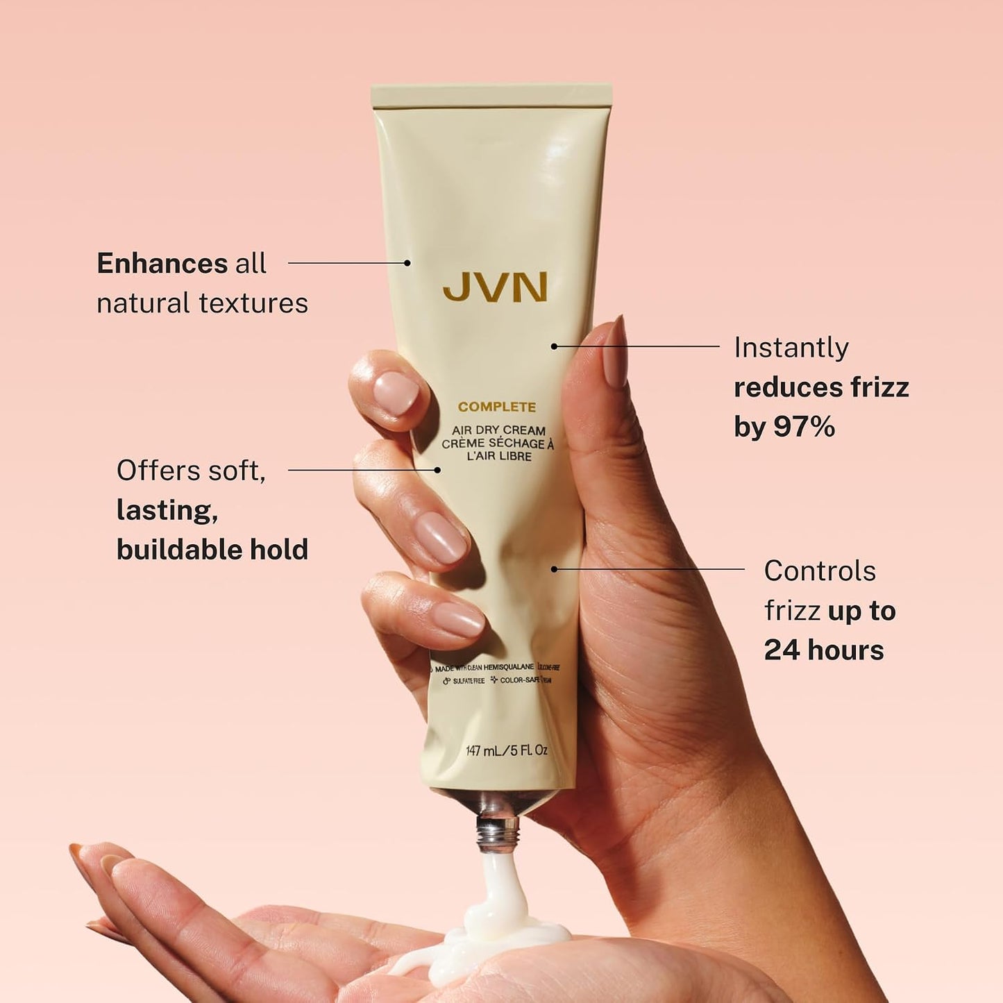 HotJVN No Heat Complete Air Dry Cream, 5 Fl Oz, Hair Smoothing Cream Enhances Your Natural Texture, Curl Cream and Wavy Hair Products, Silicone Free