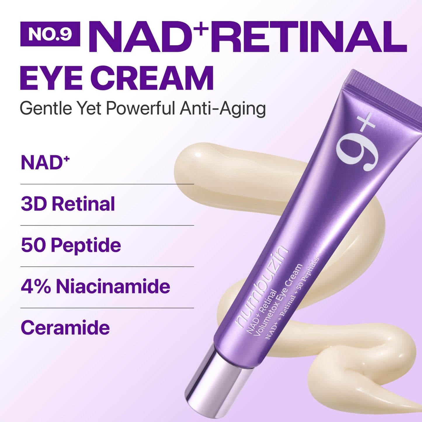 Hotnumbuzin No.9 NAD+ Retinal Eye Cream for Anti-Aging, Pore Minimizer, Wrinkles, Firmer Skin with Retinoid, Peptides & Niacinamide, Gentle Retinal, Korean Eye Cream, 0.67 fl. oz.