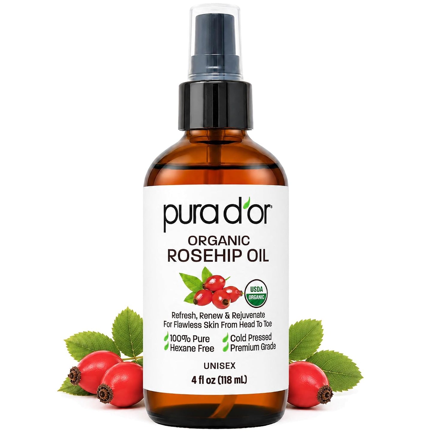 HotPURA D'OR ORGANIC Rosehip Seed Oil 100% Pure Cold Pressed USDA Certified For Hair, Skin, Scalp, Anti Aging Face & Body - Hexane Free Glass Bottle - 4 Oz - Hair Regrowth Tonic