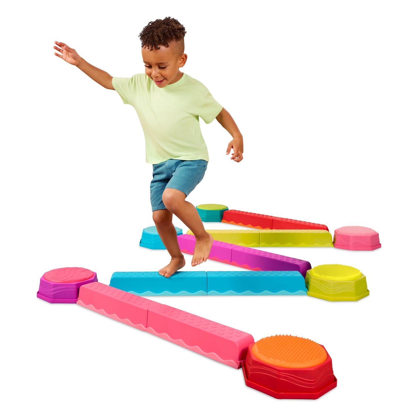 HotB. toys Balance Beam Set, Musical Wavy Beams & Sensory Stones, Summer | Balance & Groove Set with 8 wavy beams, 5 sensory stones, and 1 musical stepping stone for indoor or outdoor play, 3+ Years