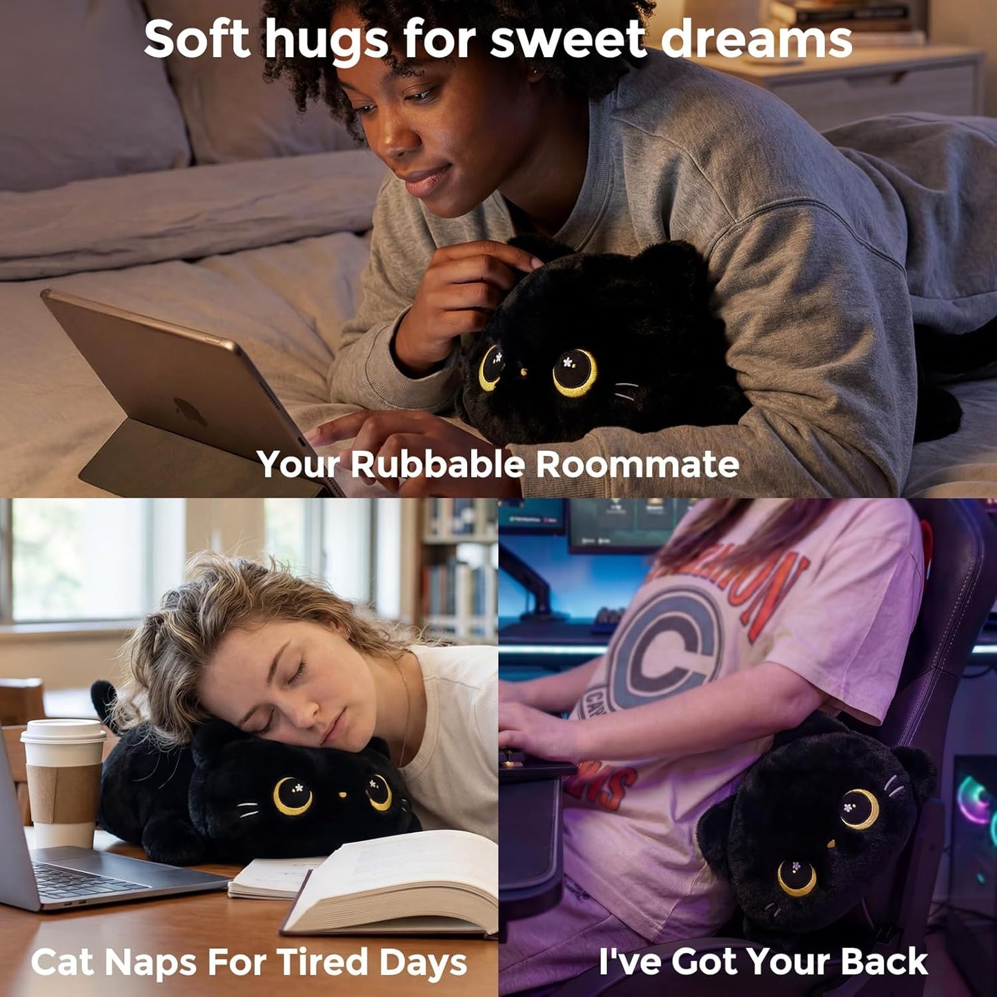 Hot Mewaii Cute Black Cat Plush Pillow, Kawaii Plushies Black Cat Stuffed Animals, Squishy Plushies, Cuddle Plush Pillow for Kids & Girls (13 Inch)