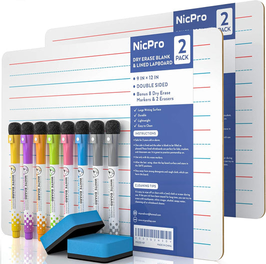 Hot Nicpro Dry Erase Lap Board 9 x 12 inches 2 Pack Ruled Kid Double Sided Blank & Lined Small Lapboard with 8 Pens, 2 Eraser, Learning Mini Whiteboard Portable for Student and Classroom Use